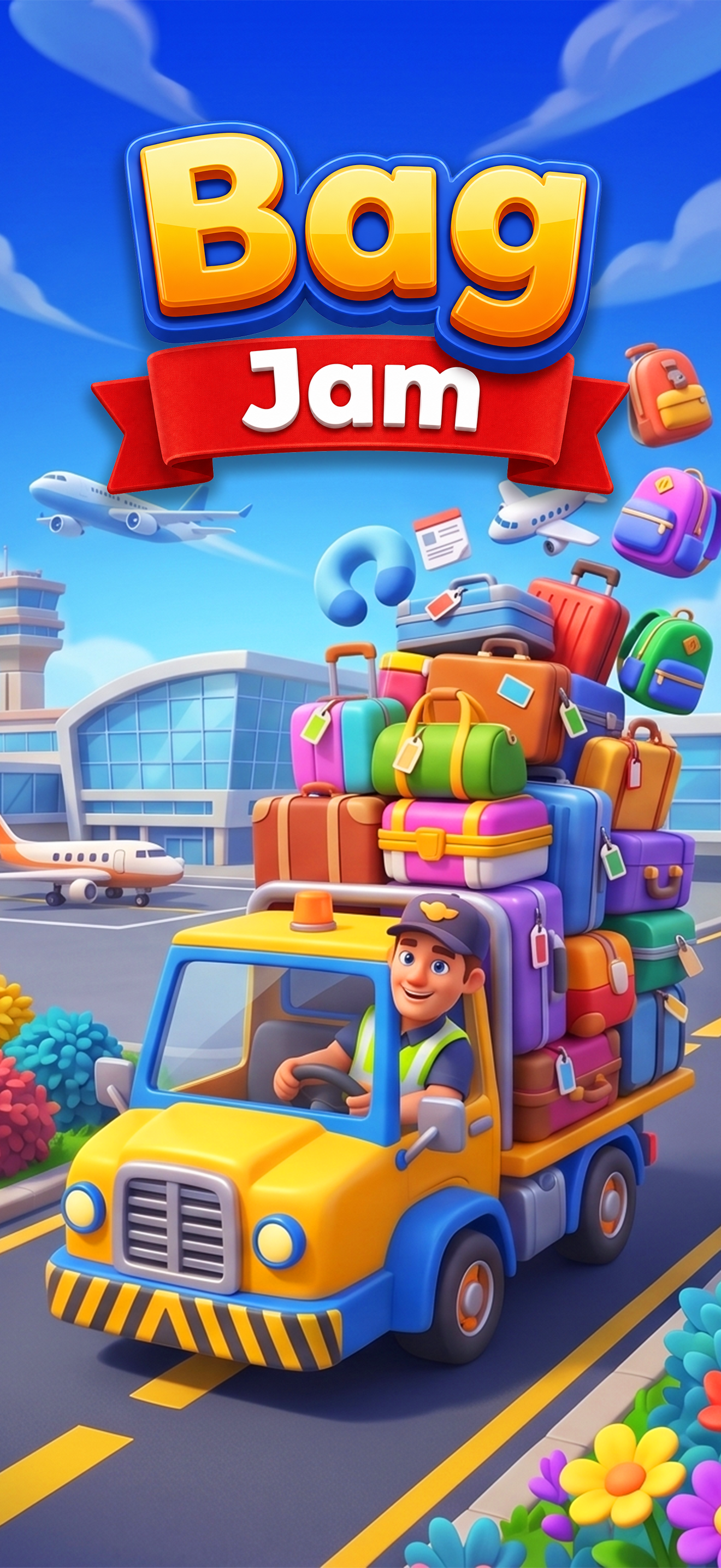 Bag Jam artwork: a cheerful airport driver with a truck full of colorful luggage